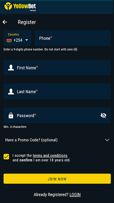 Yellowbet Kenya Registration